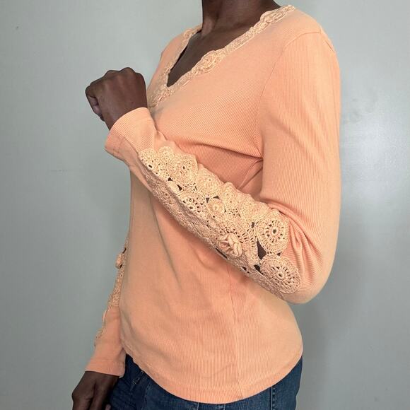 VINTAGE | Y2K Together Boho Crochet Detail Peach Cotton Long Sleeve Top - Picture 3 of 6
